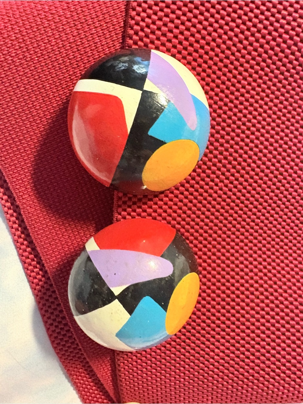Vintage Nancy B. Frank Clip Earrings Painted Wood Domes Abstract 80’s Glam!